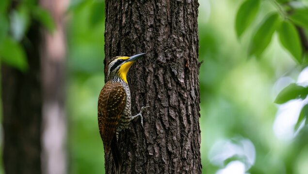 Bright yellow-headed bird clinging to textured tree trunk in dappled forest light