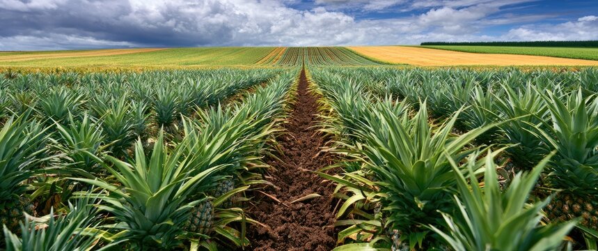 Vast rows of pineapple plants lead toward layered fields under a dramatic sky
