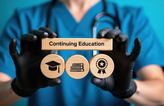 Healthcare pro in blue scrubs, black gloves holds wooden blocks with Continuing Education text, icons for graduation, books, award. Focus on learning, professional development in medicine.
