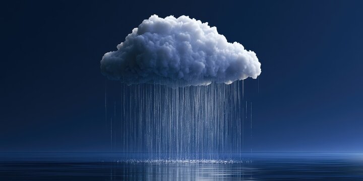 A single, fluffy cloud releases a heavy downpour onto a calm, dark water surface