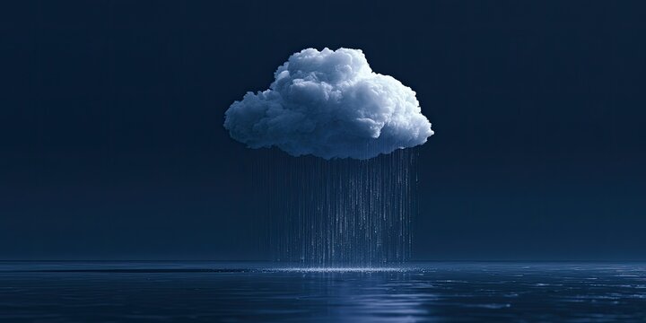 A solitary, puffy cloud precipitates rain onto a dark, reflective body of water