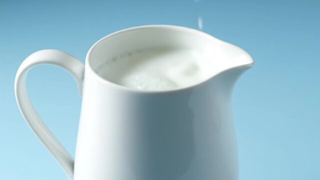 Pouring fresh milk into a white ceramic pitcher against a light blue background
