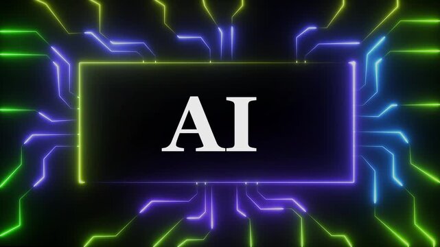 Futuristic artificial intelligence concept with glowing neon circuit board lines and digital data flow animation, high-tech cybernetic background, for modern tech, presentations and innovative