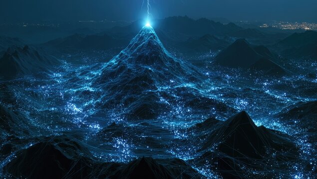 A futuristic mountain peak bathed in light, surrounded by glowing, connected terrain