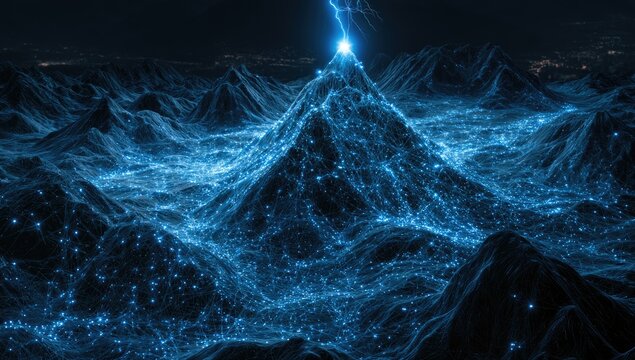 Electric energy surges atop a luminous, digitally rendered mountain range at night