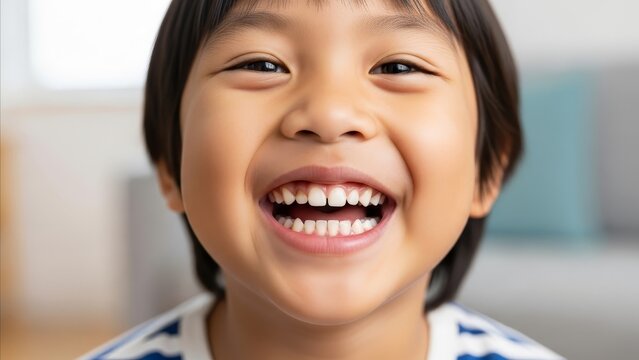 Childhood - Happy Asian Boy Smiling Wide Showing Baby Teeth in Bright Indoor Setting Close Up Portrait