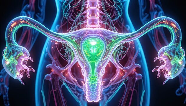 Abstract visualization of the female reproductive system glowing with vibrant colors.