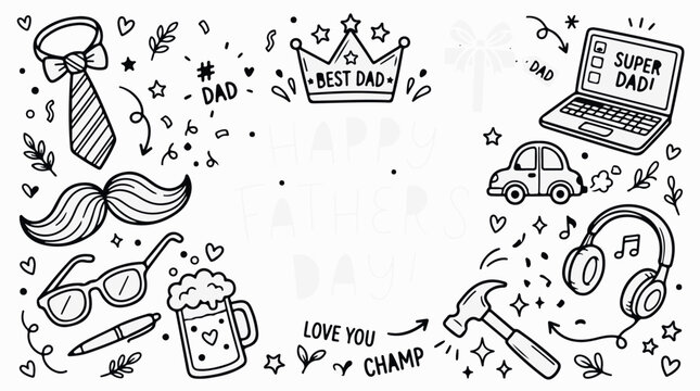 Father's Day icons, Best Dad crown, Super Dad laptop, black line illustrations