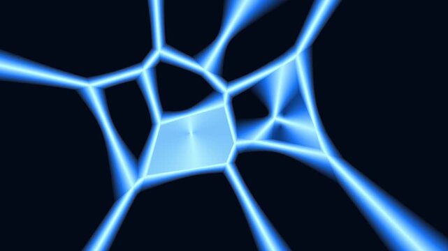 Motion graphic displays a luminous, interconnected web of blue glowing lines that pulse with energy, forming a dynamic neural network or data structure against a dark background