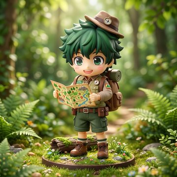Cute Chibi Boy Explorer with Map in Lush Green Forest, 3D Digital Illustration of an Adventurous Little Scout