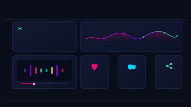 Dark Mode Audio Player UI Dashboard with Colorful Waveforms and Icons.