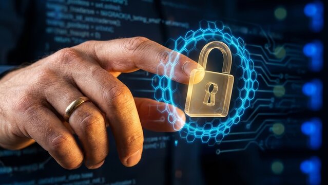 Cybersecurity - Man Touching Glowing Digital Padlock Hologram With Hexagonal Network Shield in Server Room