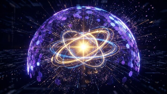 Science - Glowing Atomic Structure with Golden Orbital Rings Inside Purple Hexagonal Digital Energy Shield Dome