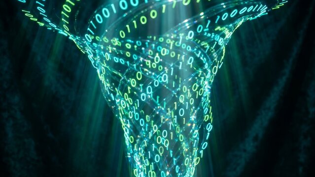 Technology - Glowing Binary Code Data Stream Swirling Through a Digital Vortex Tunnel in Teal and Green