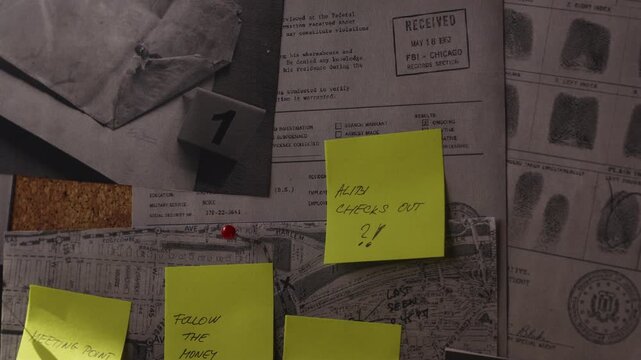 Investigator places a note stating &ldquo;alibi checks out&rdquo; onto an active case board. Highlights suspect verification, investigative process, and procedural crime-solving techniques.
'