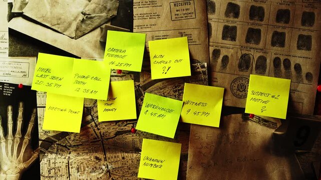 Light smoke moves across a crime evidence board covered in investigative notes. Creates tension and mystery suitable for detective stories, documentaries, and thriller productions.