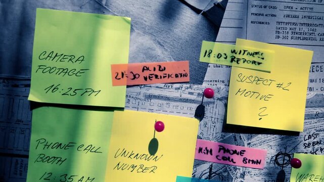 Cinematic pan over a detailed forensic evidence board filled with incident timelines and mapped locations. Suggests active surveillance, criminal investigations, and intelligence analysis.