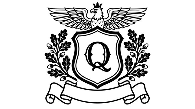 Eagle heraldic shield with letter Q and oak leaves.