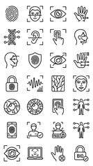 Fototapeta premium Biometric Security Icons: Fingerprint, Face, Eye, Ear, Hand, DNA Scan