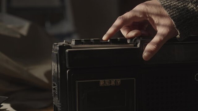Cinematic close-up of a vintage cassette player in use. Conveys personal reflection, music appreciation, analog entertainment, and the enduring appeal of retro technology.