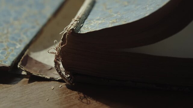 Extreme close-up of an aged book deteriorating as it is opened. Evokes history, preservation challenges, forgotten knowledge, archival research, and the passage of time.