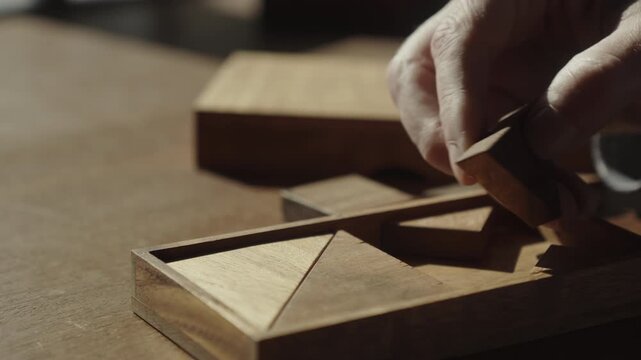 A person carefully applies logic and spatial reasoning to solve a complex geometric puzzle. Ideal for education, critical thinking, and problem-solving concepts.