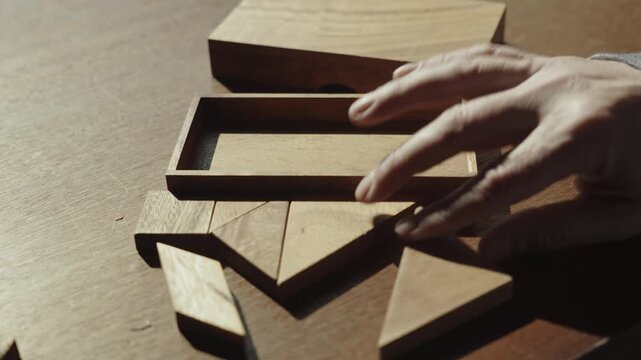 Geometric puzzle pieces are spilled onto a table, creating a challenge waiting to be solved. Symbolizes complexity, preparation, strategy, and overcoming obstacles.