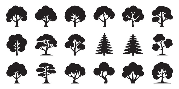 Set of trees icons, simple flat design vector illustration of various tree types isolated on white background.