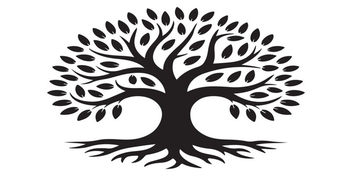 Large tree of life silhouette with sprawling roots and lush leaves isolated on white background for family concept.