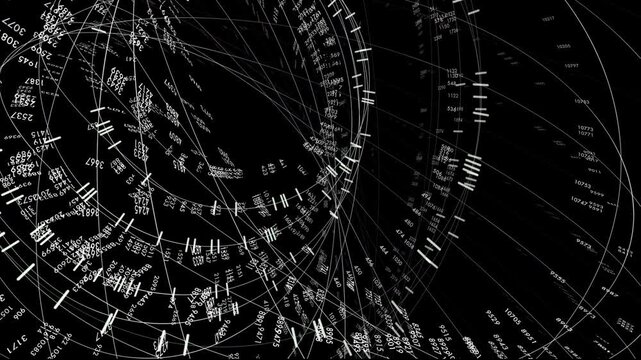 Concentric rings of fast rotating numbers processing information on a black backdrop. Perfect for cybersecurity system nodes, quantum computing graphics, and big data visualization.
