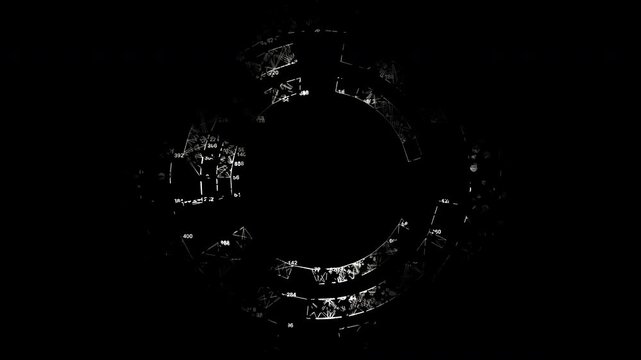 A high-tech circular interface element blinking with white wireframes and technical alignment nodes. Ideal for sci-fi screen replacements, tech presentation loops, and product HUDs.