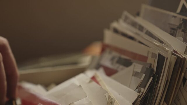 Close-up of someone revisiting a collection of family photographs. Evokes nostalgia, personal history, remembrance, genealogy, and treasured moments from the past.
