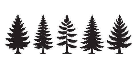 Collection of coniferous tree silhouettes for winter forest landscape design isolated on white background vector. © MONSUR.99