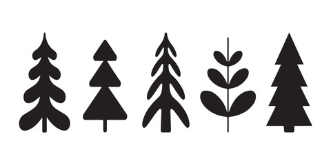 Stylized evergreen and pine tree icons collection with geometric scandinavian design for minimalist nature logos. © MONSUR.99