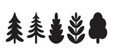 Minimalist forest plant symbols for modern branding including spruce pine and deciduous tree silhouettes design. © MONSUR.99