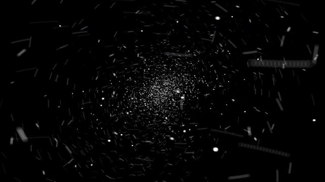 Cinematic particle distribution floating through three-dimensional space. Designed for deep tech presentations, quantum physics, and cosmic simulations.