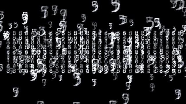 Rows of glowing white numbers cascading vertically down a dark void. Excellent for high-speed algorithmic computing, tech security, and software development.