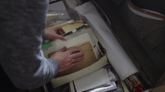 A sentimental, narrative-driven shot of a hand preserving old memories, family history documents, and vintage letters inside a classic travel trunk. Implies mystery or family legacy.
