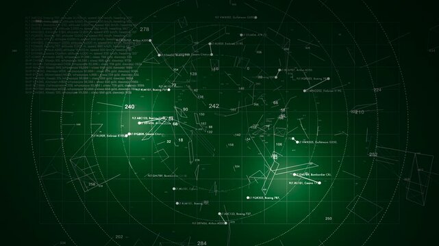 Dynamic green radar sweep tracking numerous flights with detailed aviation metadata vectors. Designed for military operations displays, sci-fi flight tracking, and navigation visuals.