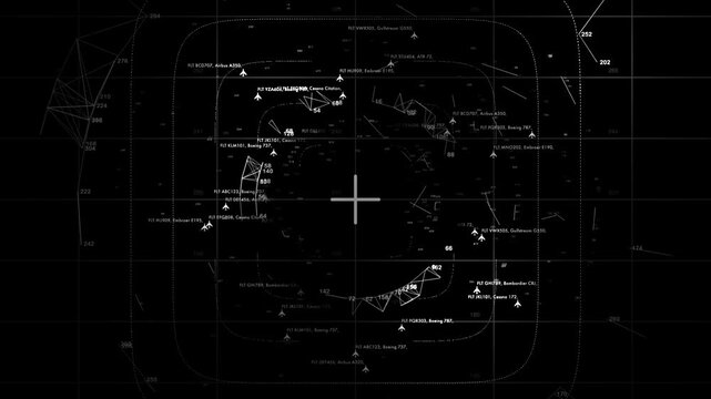 Complex flight tracking radar layout displaying abstract airline metadata and coordinates on a black monitor screen. Optimized for air traffic control simulations and sci-fi technology sets.