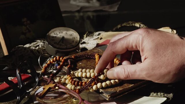 A hand discovers a wooden beaded crucifix among accumulated possessions, evoking memories, faith, inheritance, and the emotional process of sorting a lifetime of belongings.