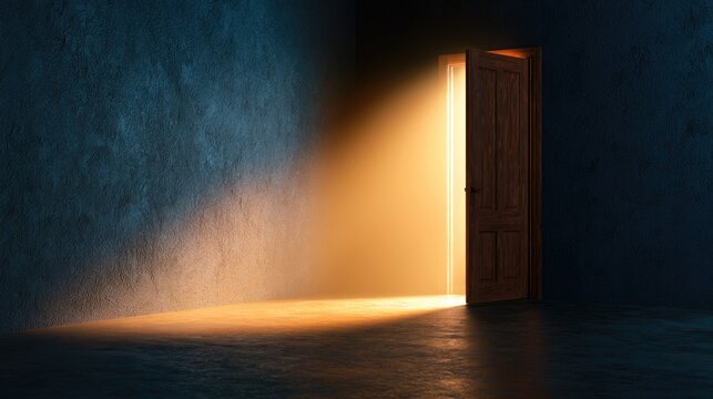 A bright light streams through an open wooden door into a dark room