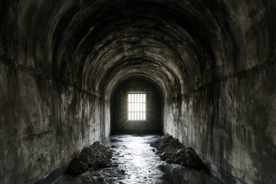 Dark, grungy tunnel with a barred window at the end, casting light