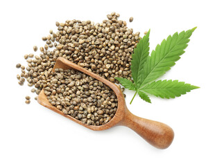 Fototapeta premium Hemp seeds in wooden scoop and fresh leaf isolated on white, top view