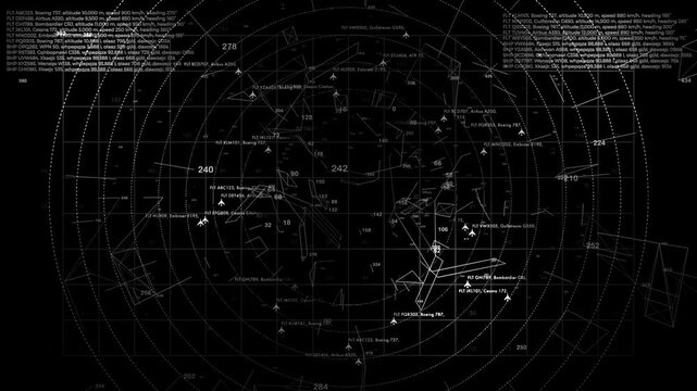 High-contrast monochrome radar tracking layout with prominent concentric range rings and dense aircraft traffic vectors for complex graphic compositing.
