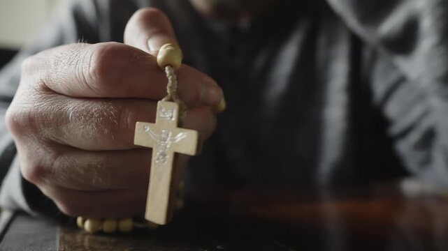 A close-up view of rosary beads and crucifix held in prayer captures themes of faith, worship, hope, and spiritual reflection within Christian devotion.