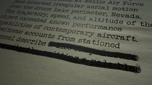 A close-up of a top secret classified document showing a redacted statement regarding a UFO sighting, ideal for investigative documentaries and conspiracy thrillers.