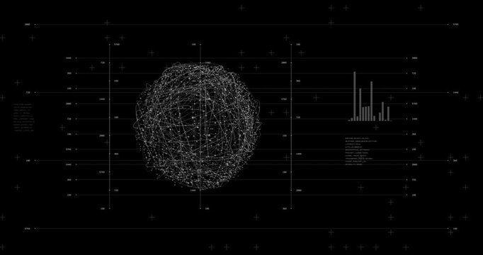 A futuristic HUD sci-fi user interface featuring an abstract digital wireframe data sphere and technical metrics on a black grid, ideal for cybersecurity presentations.