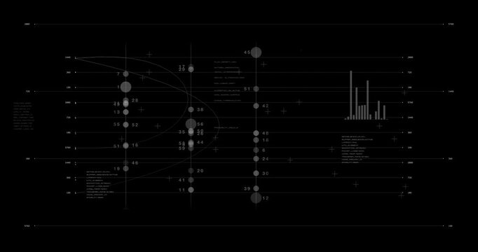 A dynamic FUI HUD screen full of abstract metrics and charts, designed for cyberpunk motion graphics, big data visualization, and advanced cybersecurity presentations.