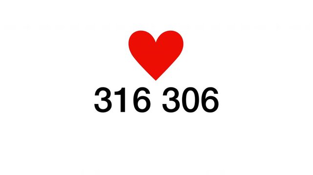 A clean white screen with a red heart icon and a counter with rapidly multiplying numbers, illustrating social media love, viral video popularity, and digital marketing success.
